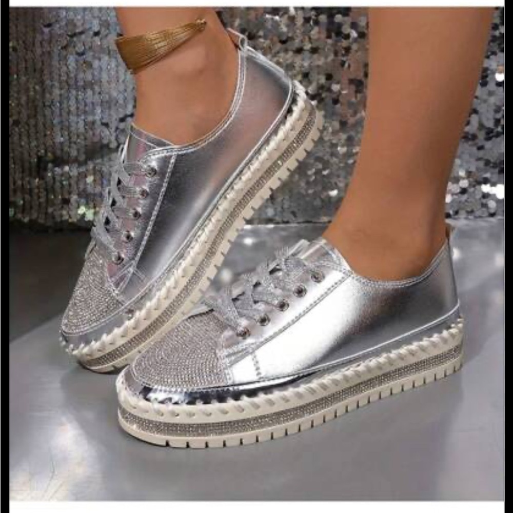 Metallic Silver Rhinestone Platform Sneakers with Espadrille Like Sole Size 8.5